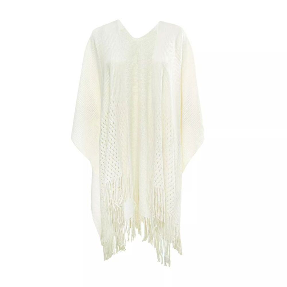 The Skyline Collection Women's Ivory Fringed Open Front Shawl Sweater